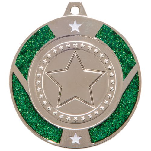 Glitter Star Medal Silver and Green 50mm